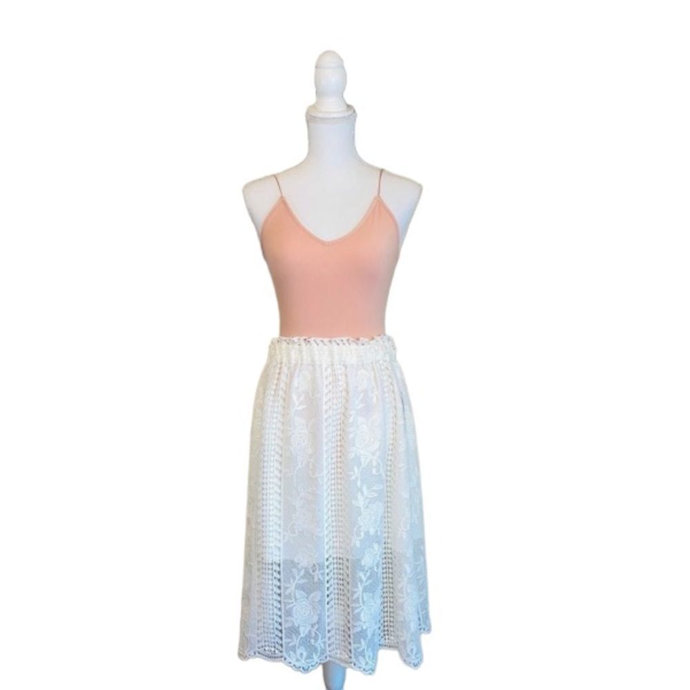 Gibson Latimer Floral Lace Overlay Midi Skirt – Elastic Waist, Fully Lined